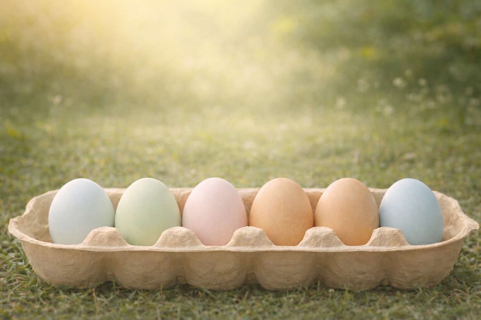 Colorful pastel eggs in an open carton, with a chicken and coop in the background